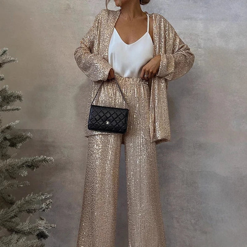 Simone – Women's Sequin Blazer and Wide-Leg Trouser Set – Holiday Party Suit