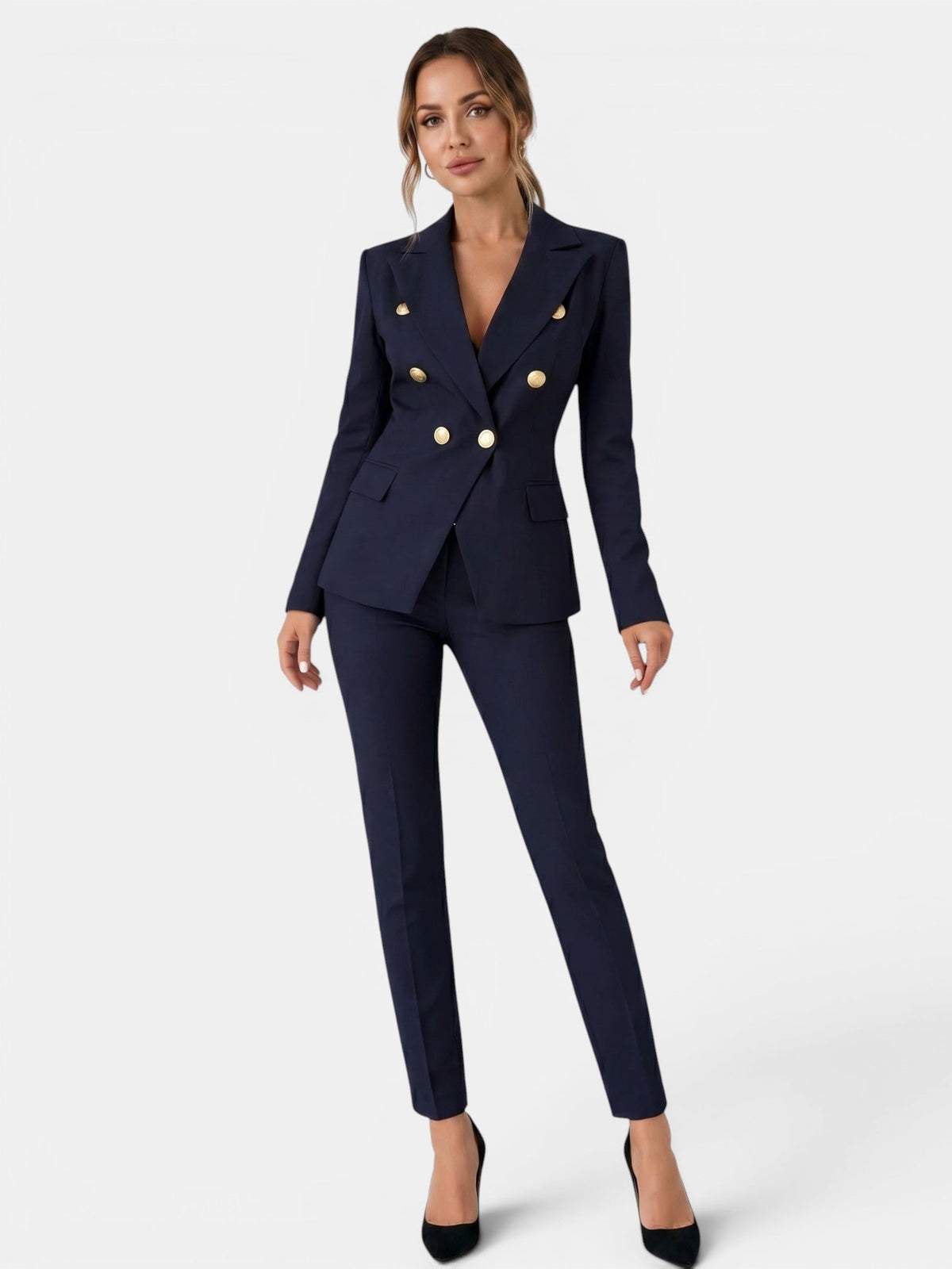 Sylvie | Women's Double-Breasted Blazer and Slim Pants Suit Set – Tailored Two-Piece Workwear – Blue