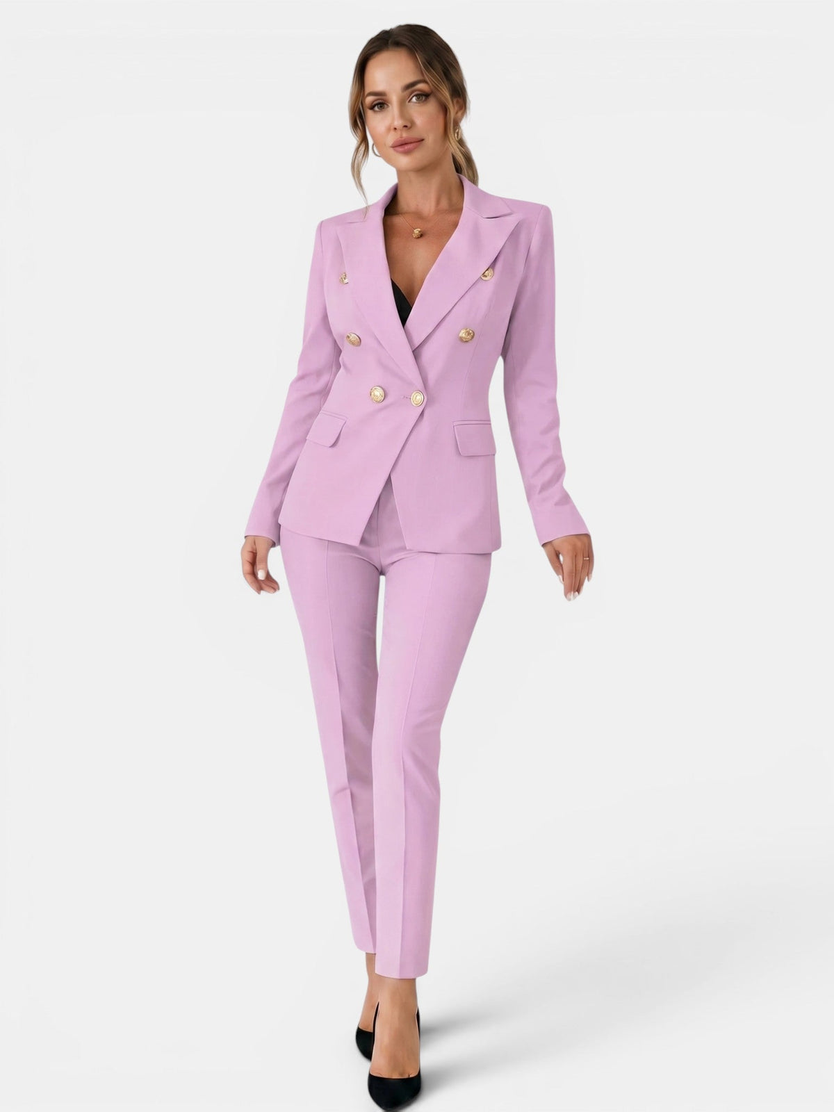 Sylvie | Women's Double-Breasted Blazer and Slim Pants Suit Set – Tailored Two-Piece Workwear – Pink