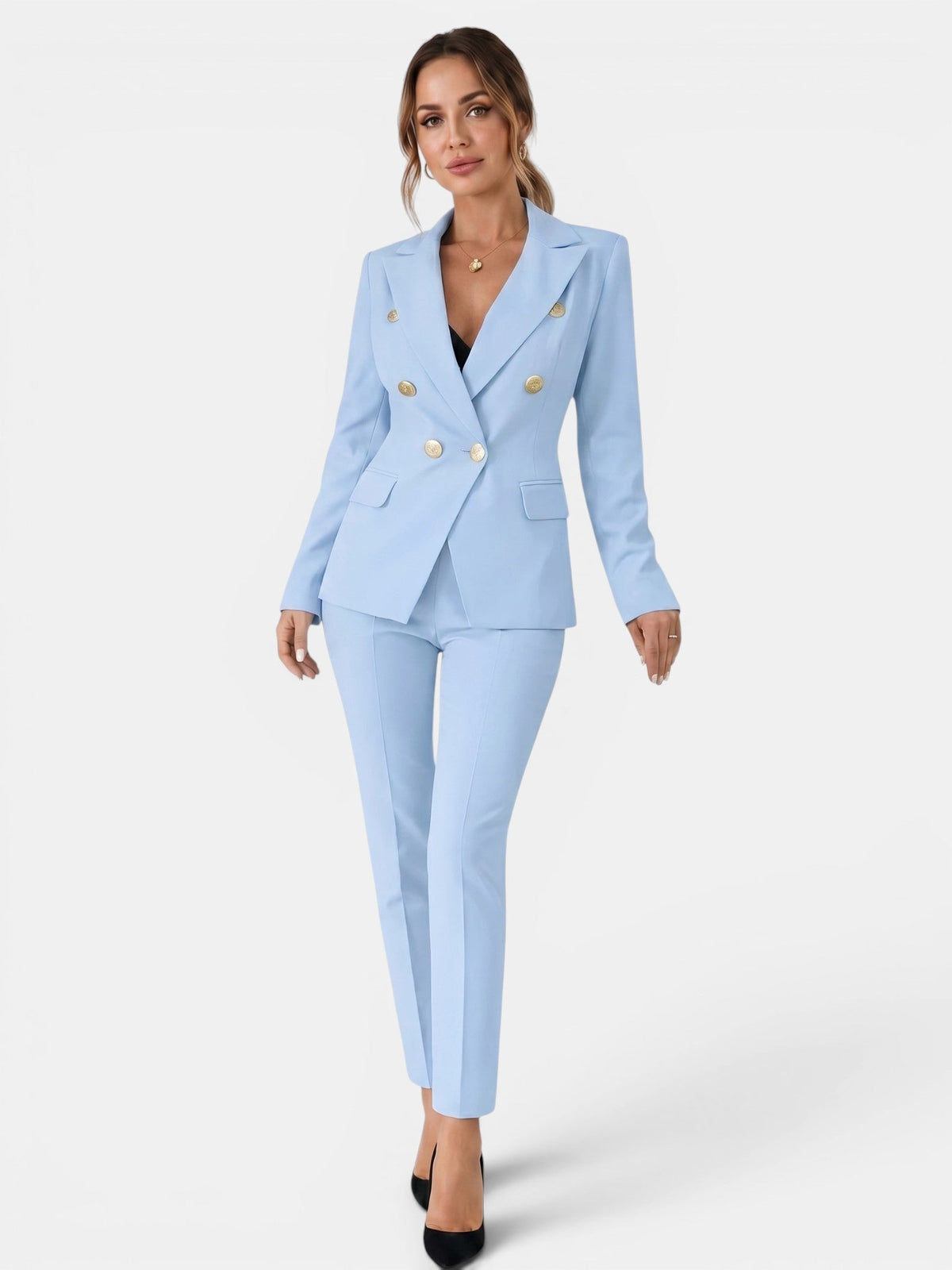 Sylvie | Women's Double-Breasted Blazer and Slim Pants Suit Set – Tailored Two-Piece Workwear – Light Blue