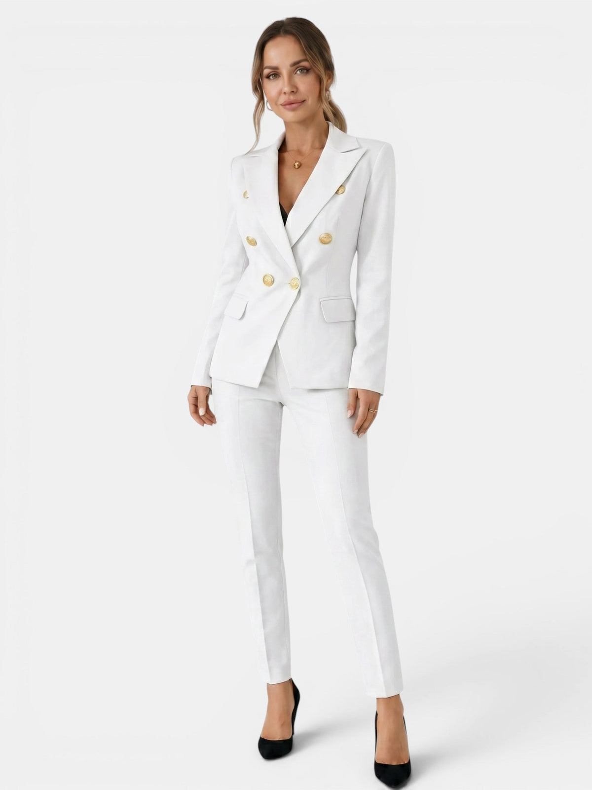 Sylvie | Women's Double-Breasted Blazer and Slim Pants Suit Set – Tailored Two-Piece Workwear – White
