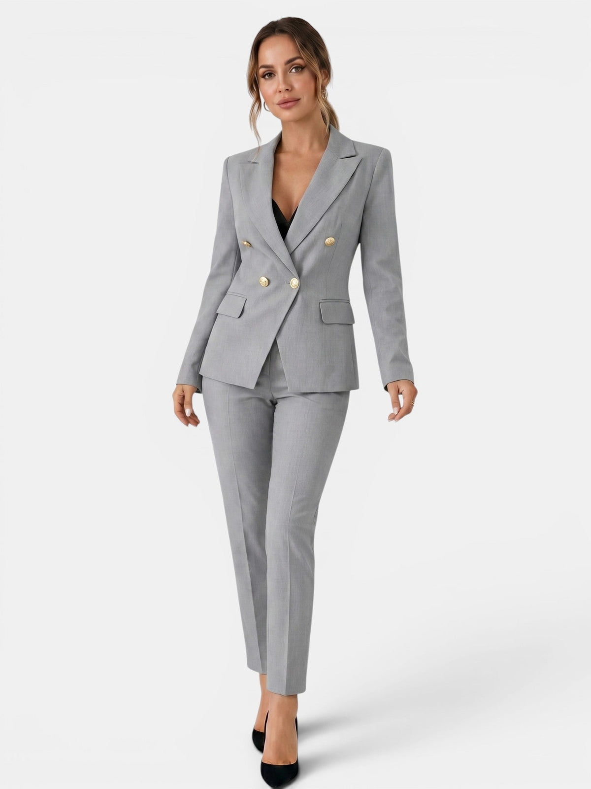 Sylvie | Women's Double-Breasted Blazer and Slim Pants Suit Set – Tailored Two-Piece Workwear – Gray
