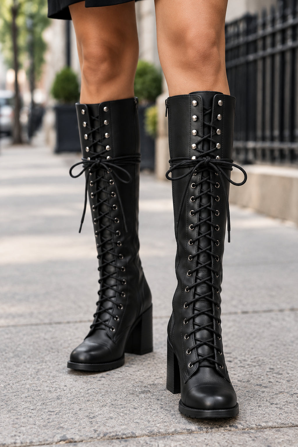 Tamsin | Women's Lace-Up Knee High Boots – Block Heel Combat-Style Tall Boots – Black