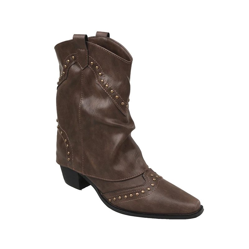 Teagan | Women's Studded Western Ankle Boots – Pointed Toe, Slouchy Shaft, Block Heel – Dark Brown