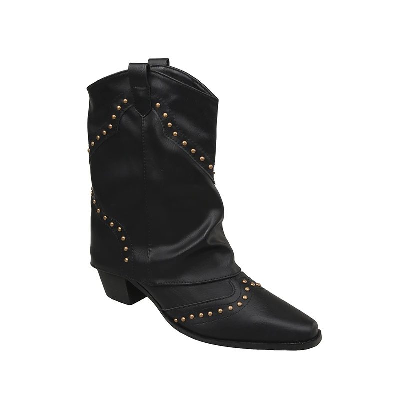 Teagan | Women's Studded Western Ankle Boots – Pointed Toe, Slouchy Shaft, Block Heel – Black