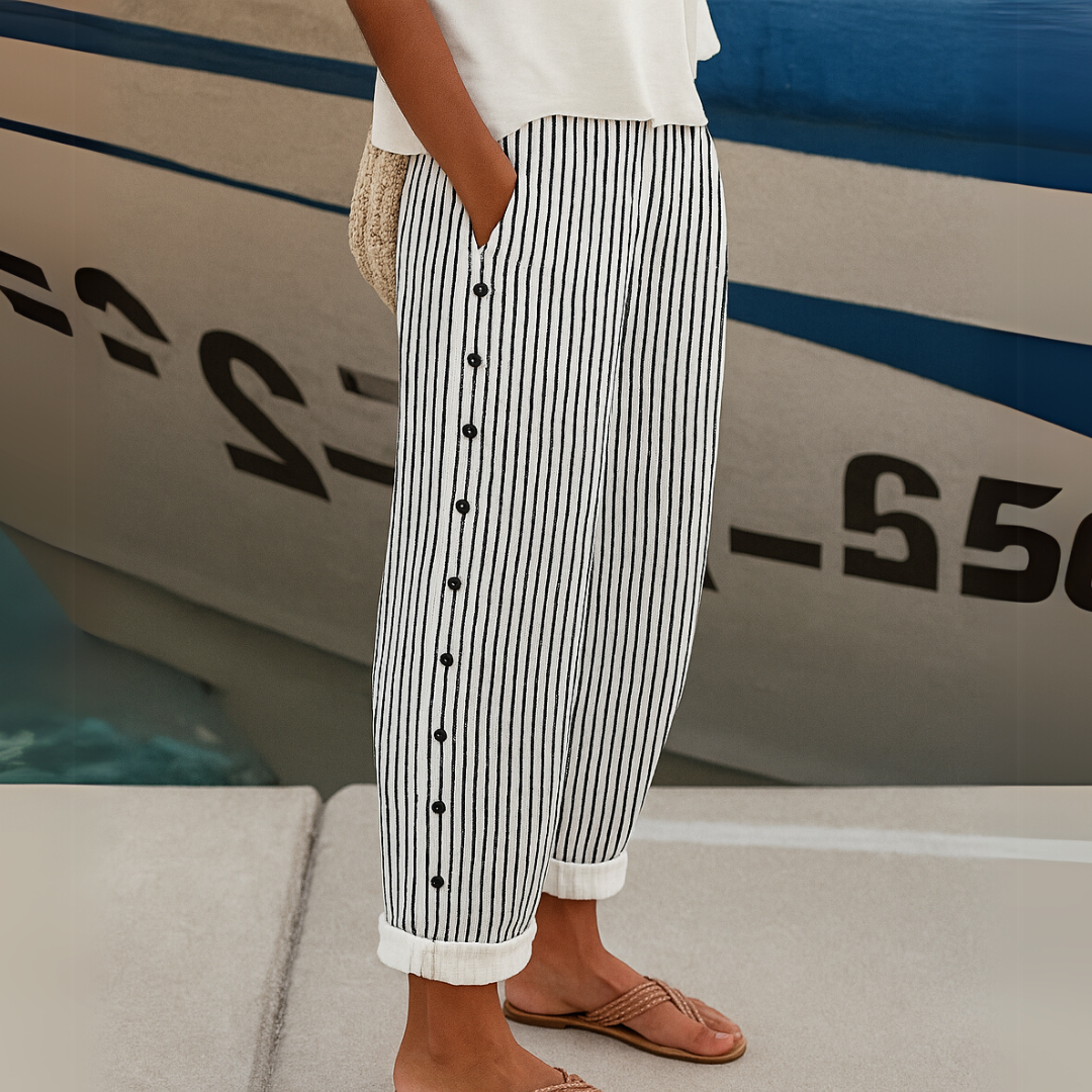 Tessa – Women's Pinstripe High-Waisted Pants – Button Detail, Straight Leg