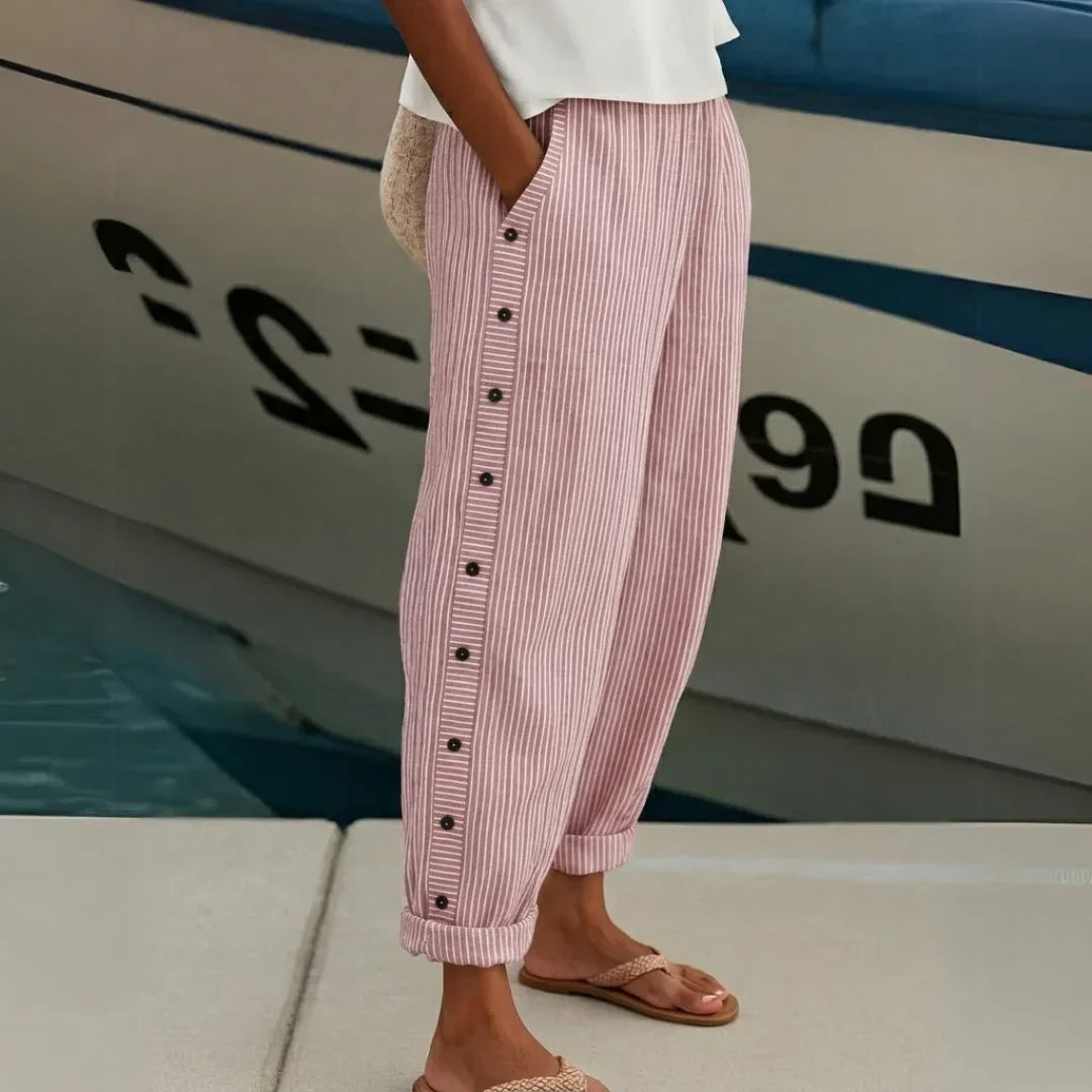 Tessa – Women's Pinstripe High-Waisted Pants – Button Detail, Straight Leg