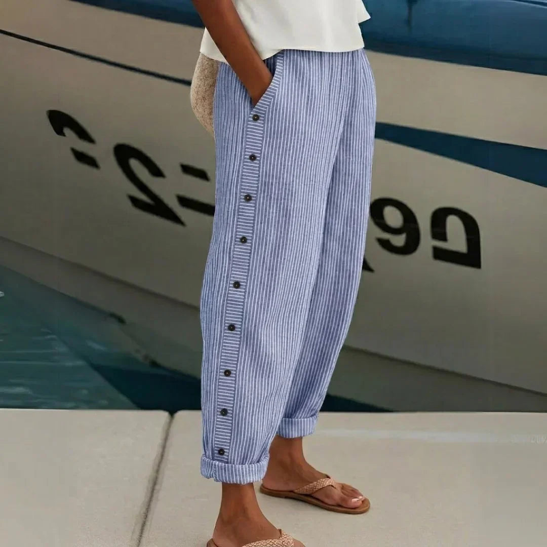 Tessa – Women's Pinstripe High-Waisted Pants – Button Detail, Straight Leg