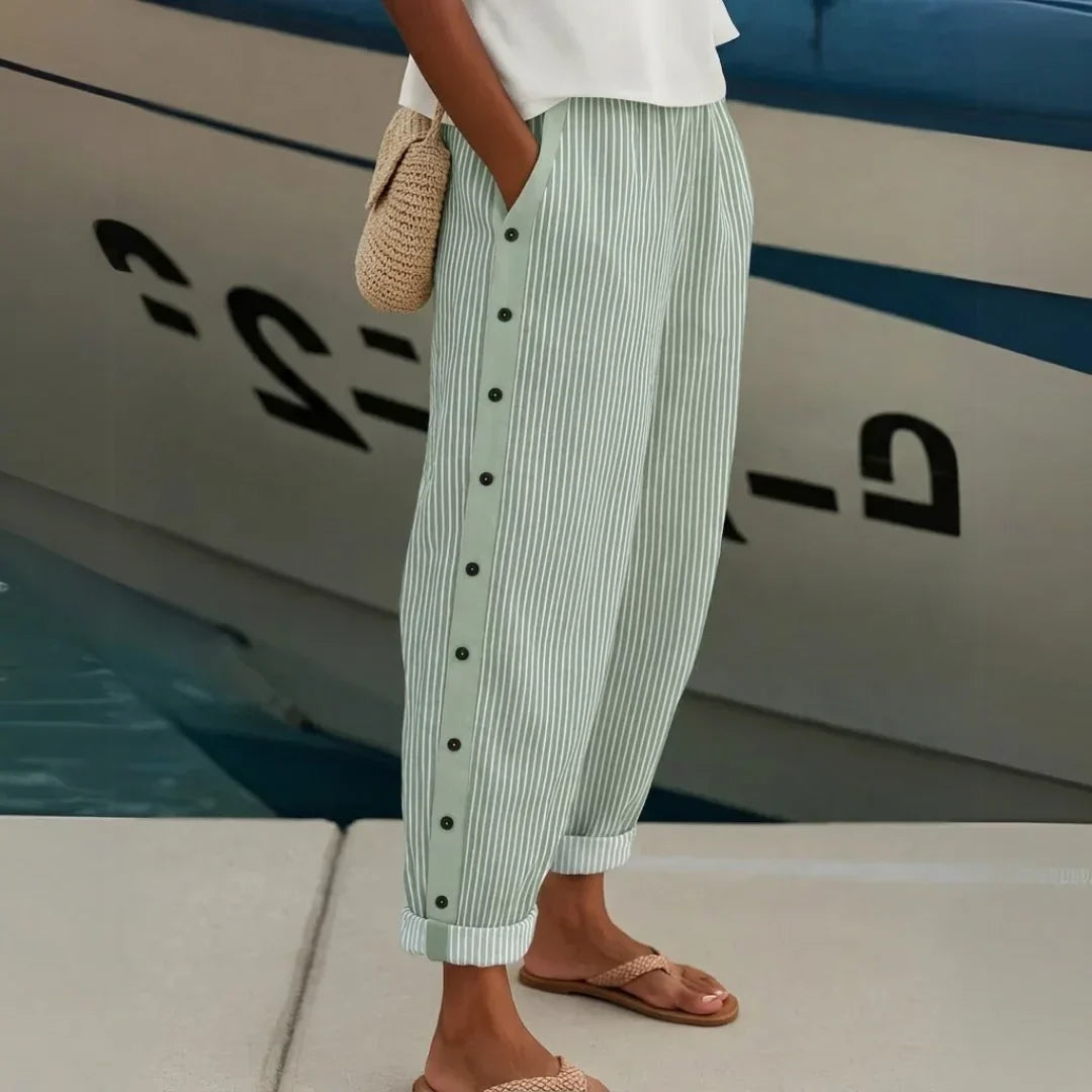 Tessa – Women's Pinstripe High-Waisted Pants – Button Detail, Straight Leg