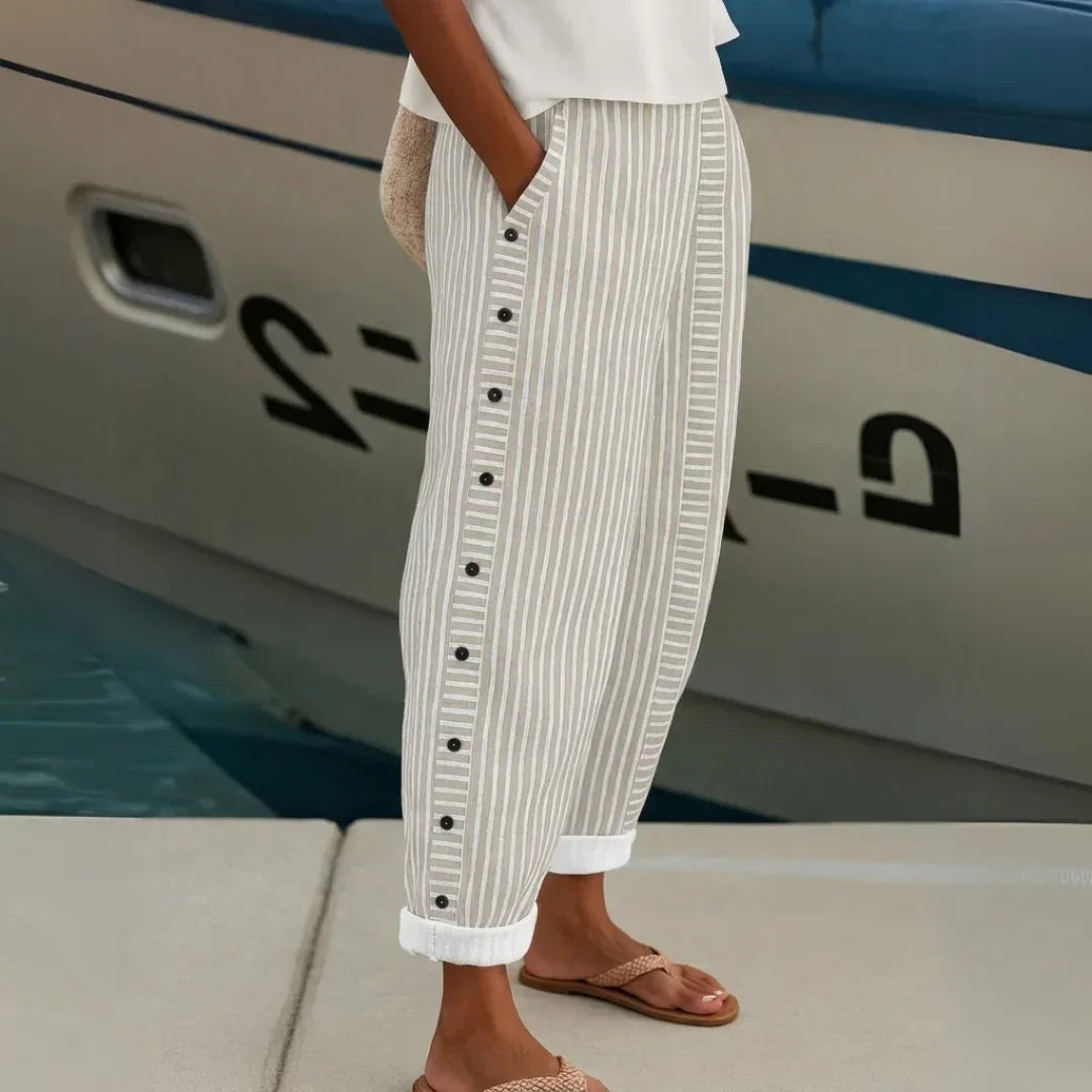 Tessa – Women's Pinstripe High-Waisted Pants – Button Detail, Straight Leg