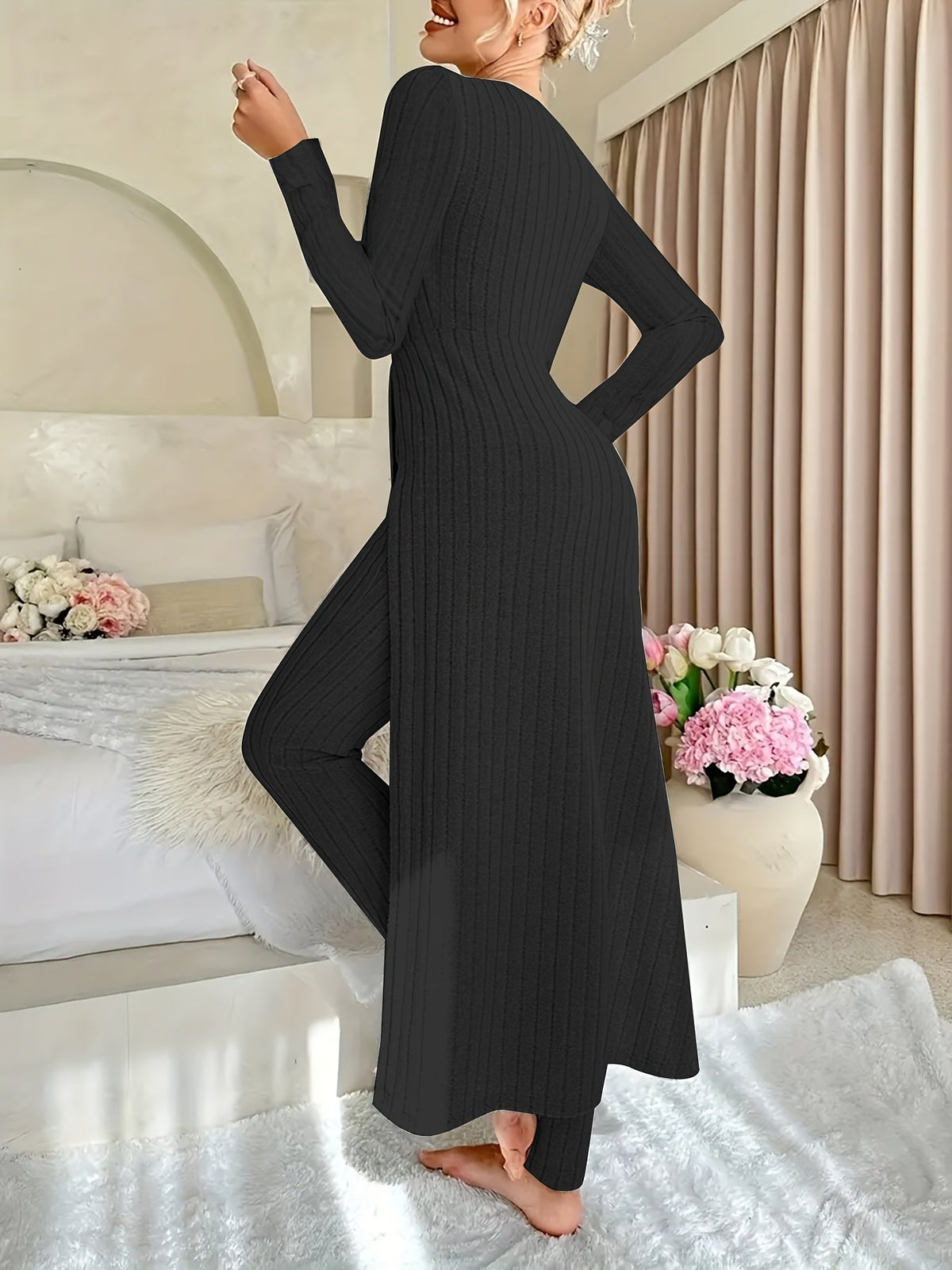 Thea | Women's Ribbed Knit Two-Piece Set – Long Sleeve Top and Pants