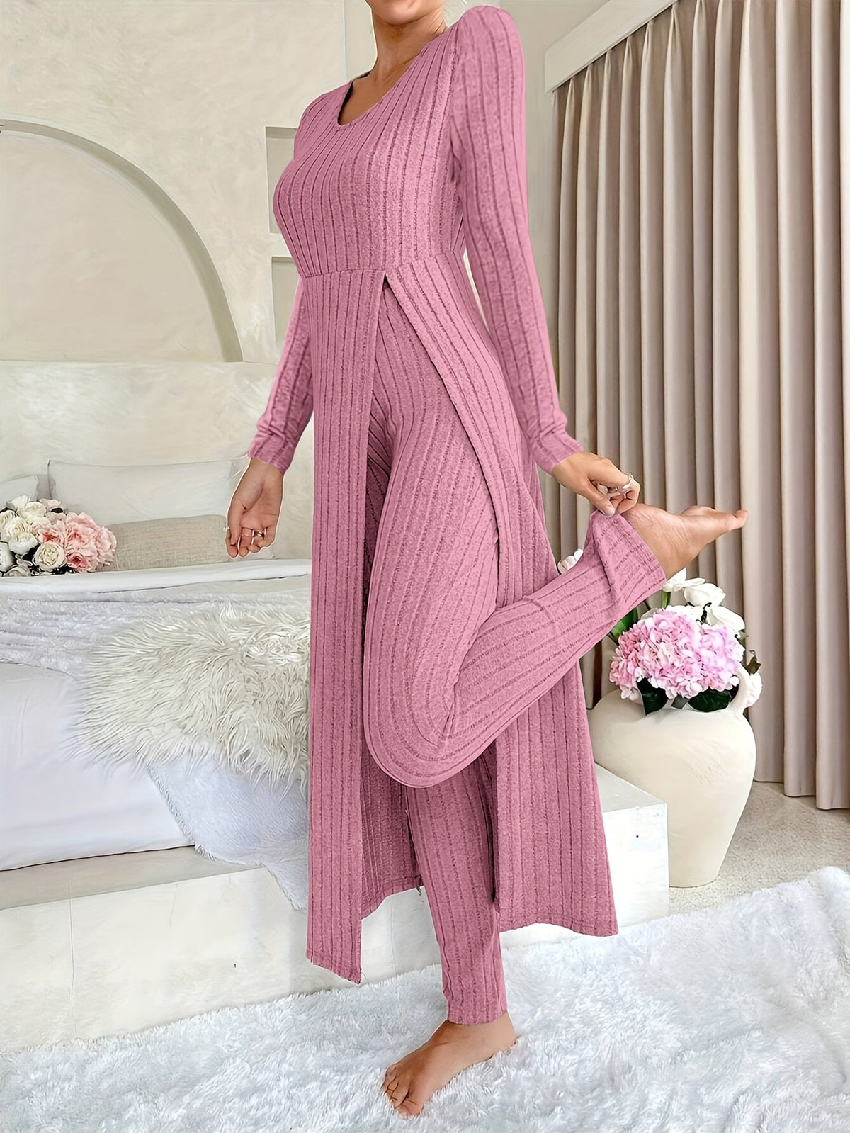 Thea | Women's Ribbed Knit Two-Piece Set – Long Sleeve Top and Pants – Rose Red