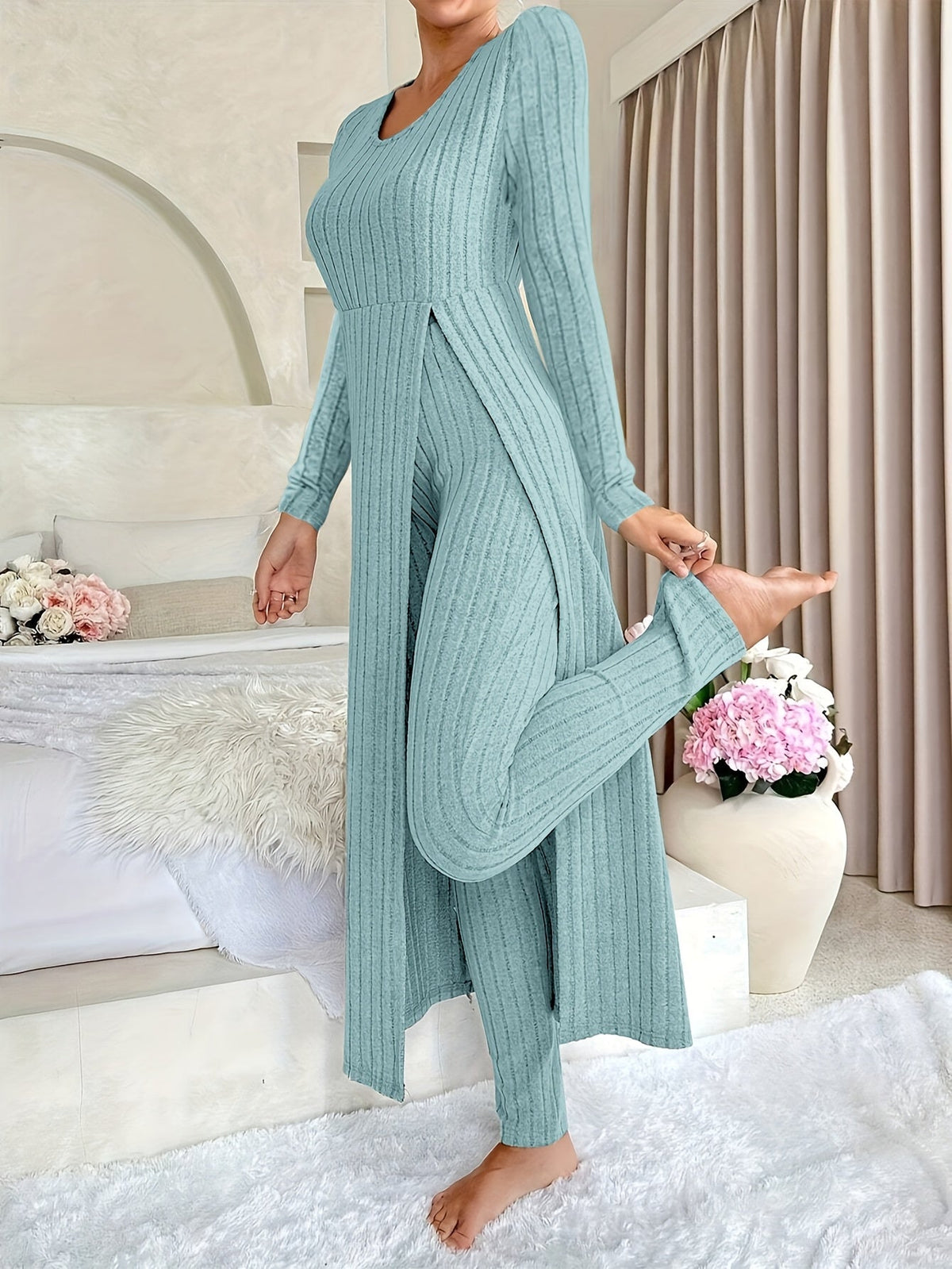 Thea | Women's Ribbed Knit Two-Piece Set – Long Sleeve Top and Pants – Blue Green