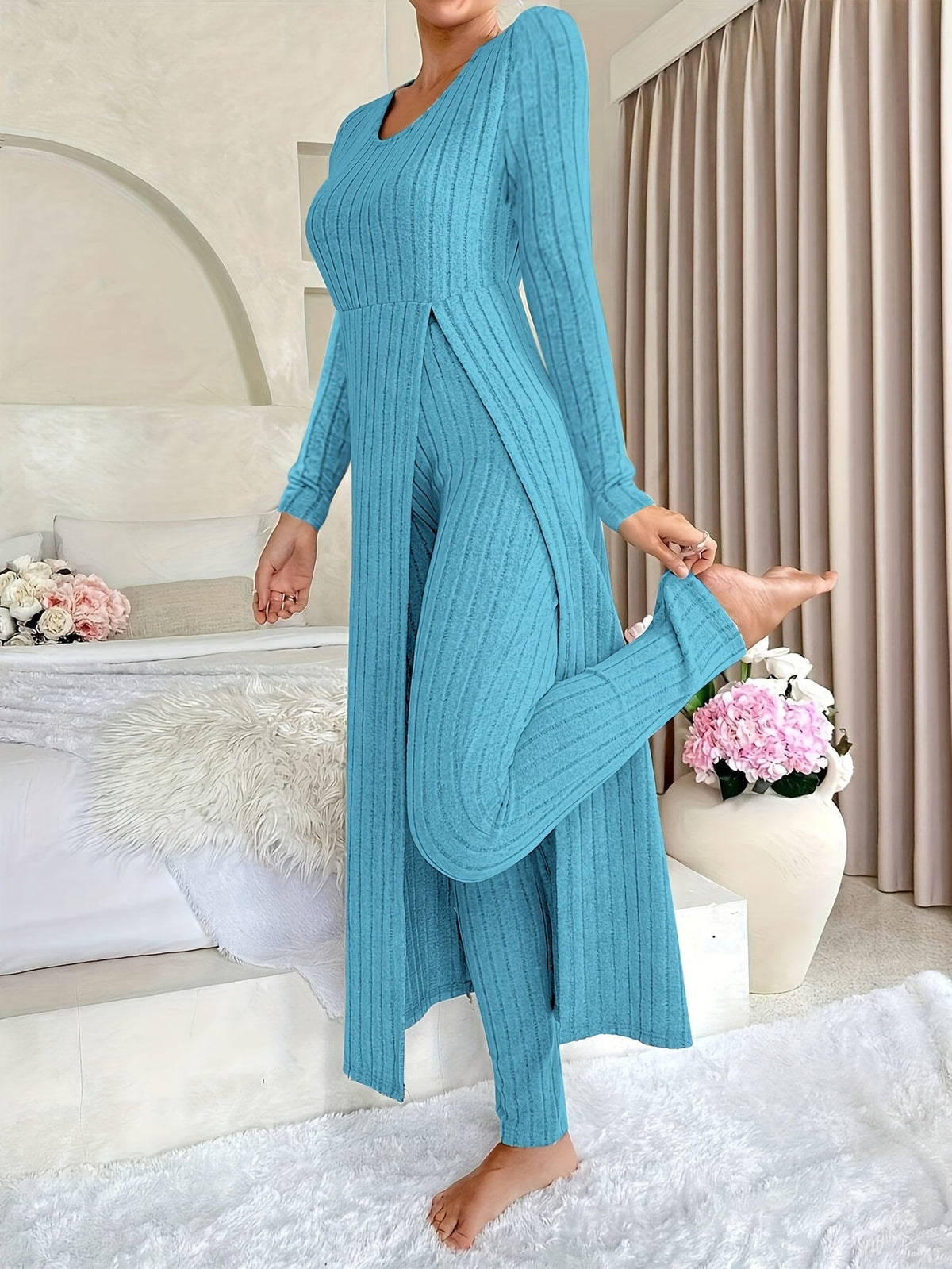 Thea | Women's Ribbed Knit Two-Piece Set – Long Sleeve Top and Pants – Peacock Blue