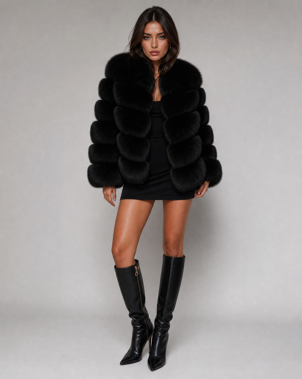 Vanessa | Women's Faux Fur Tiered Jacket – Cropped, Collarless, Plush Panels – Black