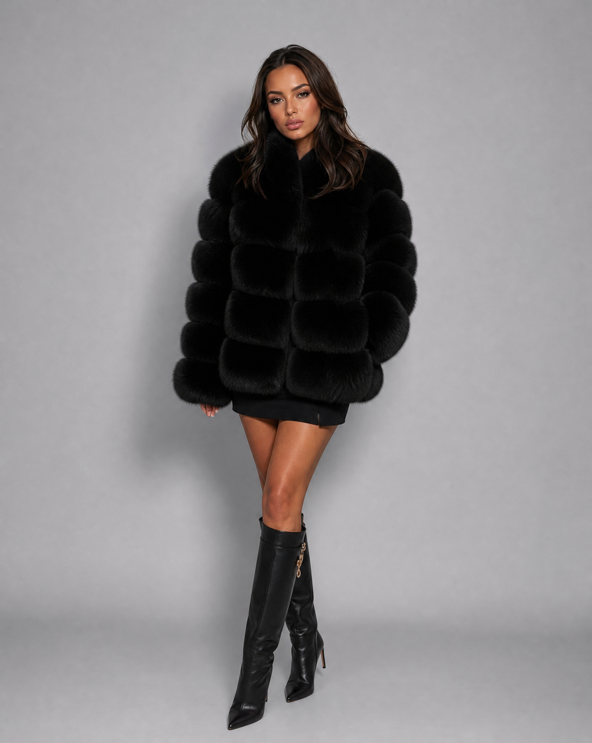 Vanessa | Women's Faux Fur Tiered Jacket – Cropped, Collarless, Plush Panels