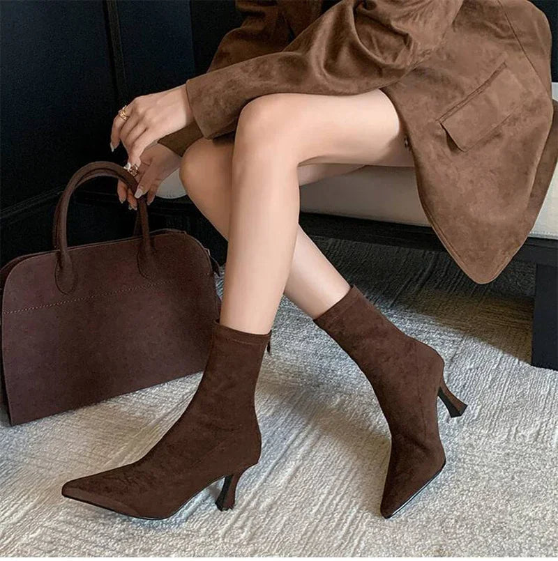 Vida | Women's Pointed Toe Sock Ankle Boots – 2 Inch Block Heel Booties – Brown