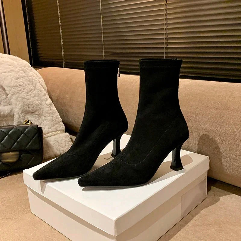 Vida | Women's Pointed Toe Sock Ankle Boots – 2 Inch Block Heel Booties