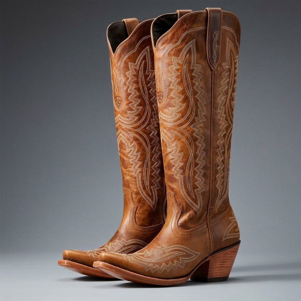 Winona | Women's Knee-High Western Boots – Vegan Leather-Look, Block Heel – Brown