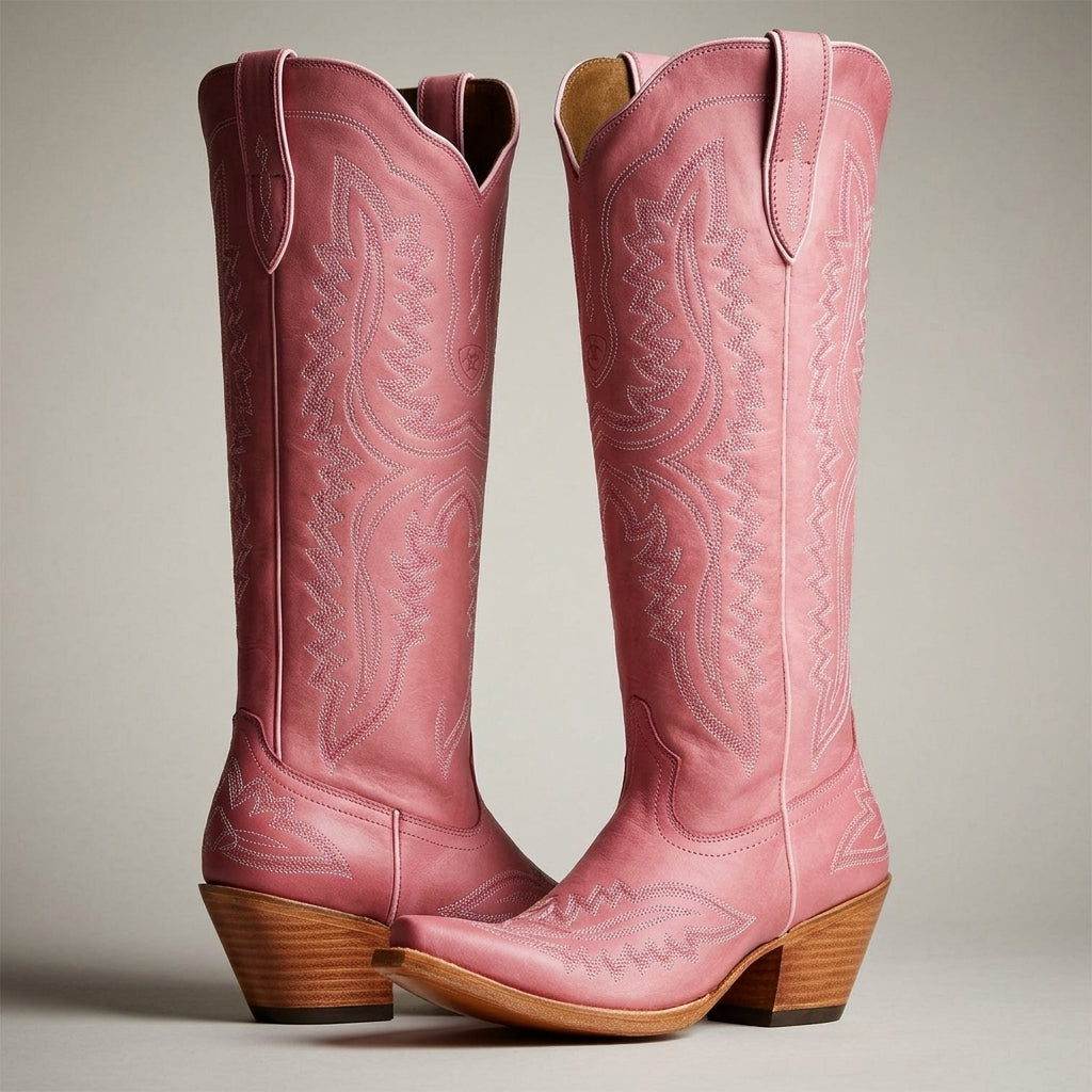 Winona | Women's Knee-High Western Boots – Vegan Leather-Look, Block Heel – Pink