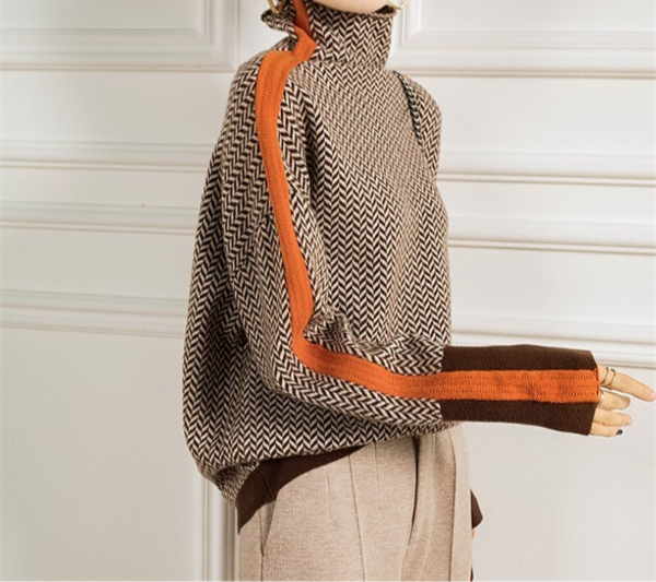 Eleanor | Women's Herringbone Turtleneck Sweater – Color Block Knit