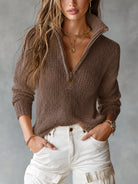 Benevolux | Women's Half-Zip Open-Knit Sweater – Collared Loose Fit