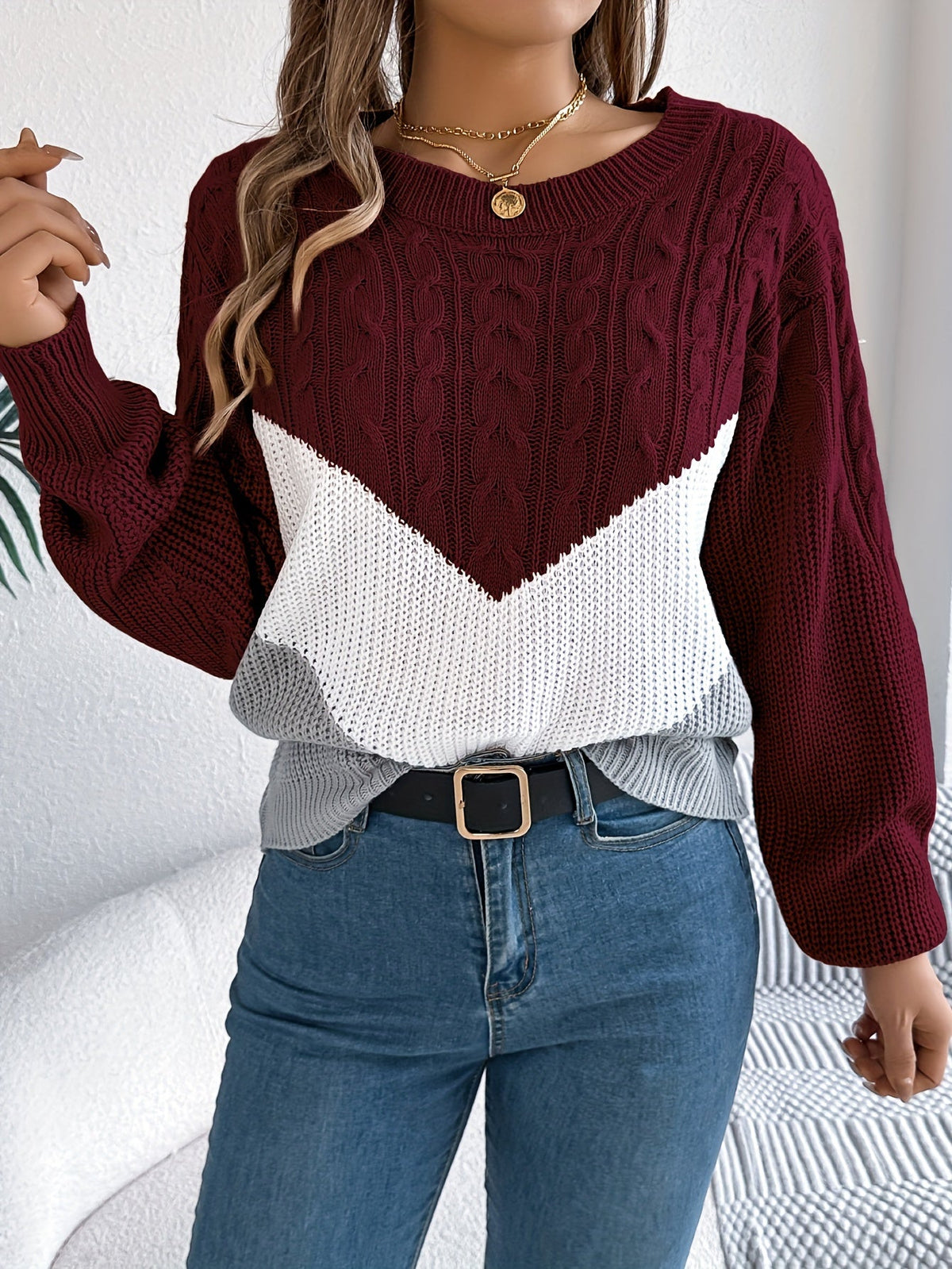 Noreen | Women's Color-Block Cable Knit Sweater – Round Neck