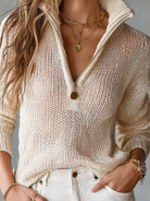 Benevolux | Women's Half-Zip Open-Knit Sweater – Collared Loose Fit