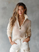 Benevolux | Women's Half-Zip Open-Knit Sweater – Collared Loose Fit