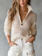 Benevolux | Women's Half-Zip Open-Knit Sweater – Collared Loose Fit