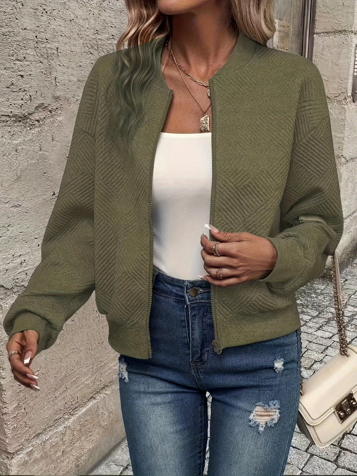Aurélie | Women's Textured Zip Jacket – Lightweight Quilted Bomber