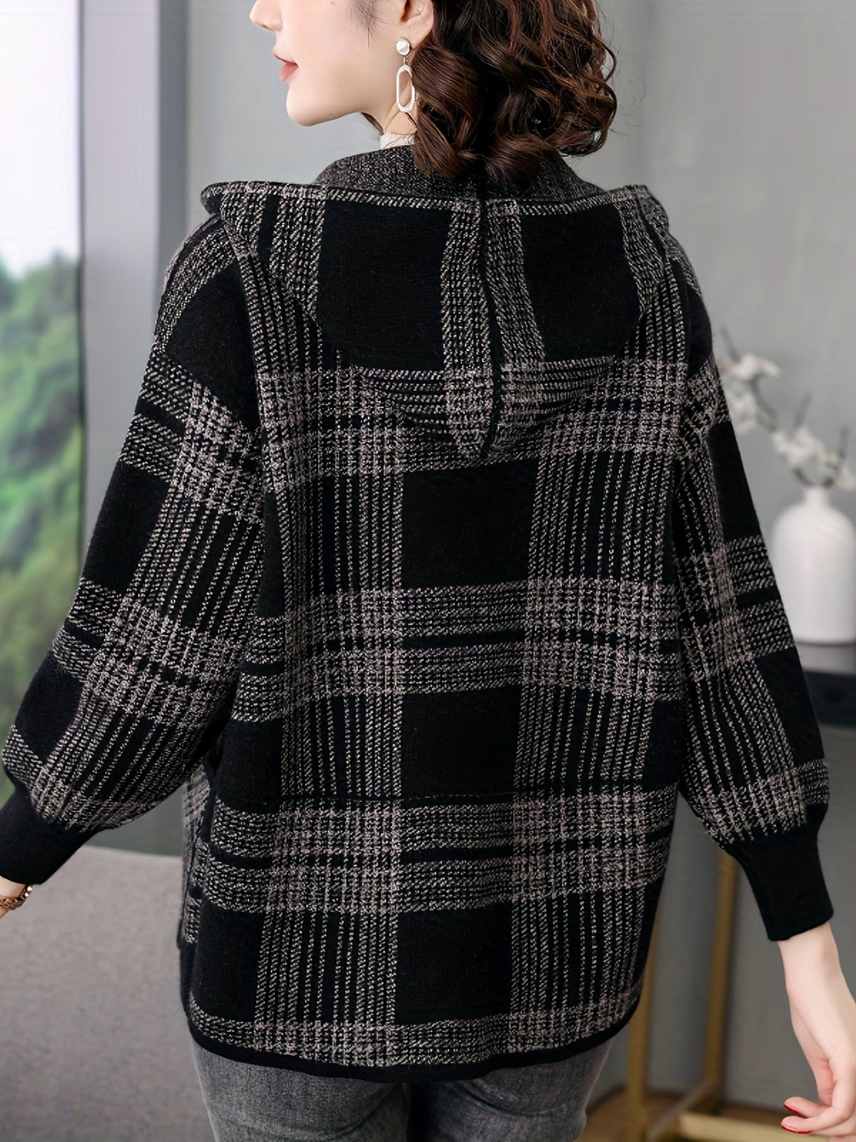 Delaney | Women's Checked Hooded Jacket – Zip-Up Knit