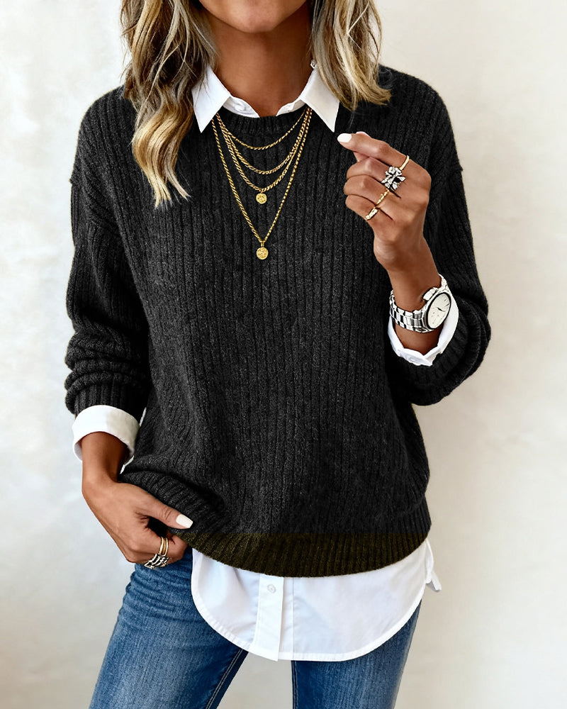 Women's Shirt-Collar Sweater – Layered Two-in-One Knit