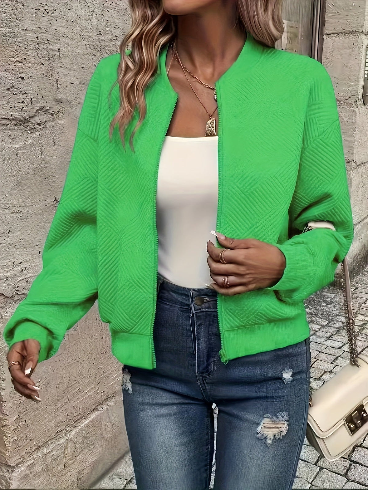 Aurélie | Women's Textured Zip Jacket – Lightweight Quilted Bomber