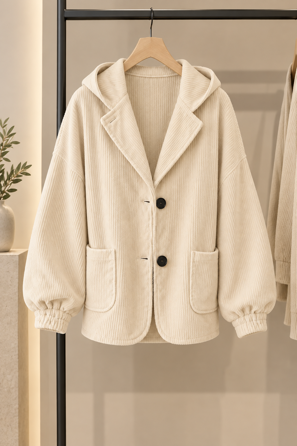Women's Oversized Corduroy-Effect Hooded Jacket – Button Front
