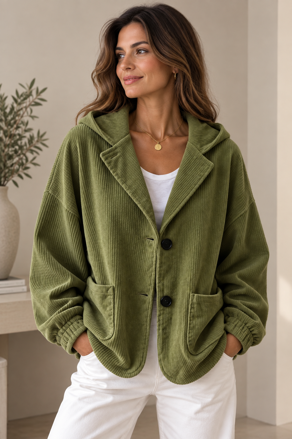 Women's Oversized Corduroy-Effect Hooded Jacket – Button Front