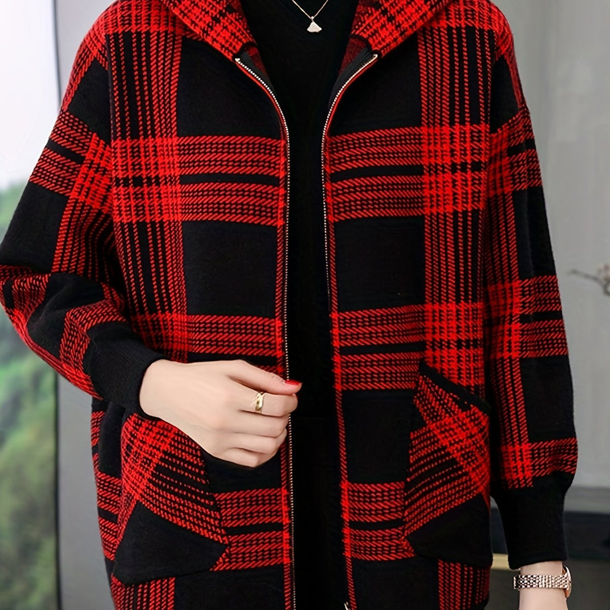 Delaney | Women's Checked Hooded Jacket – Zip-Up Knit