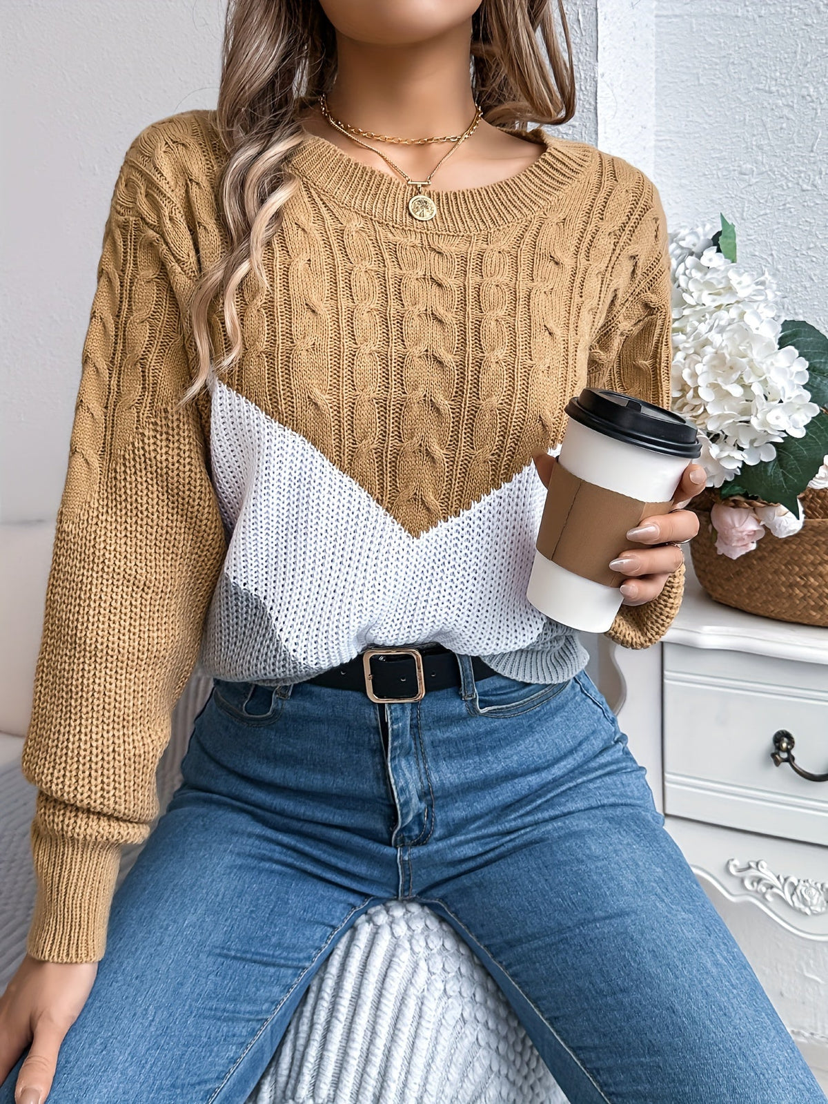 Noreen | Women's Color-Block Cable Knit Sweater – Round Neck
