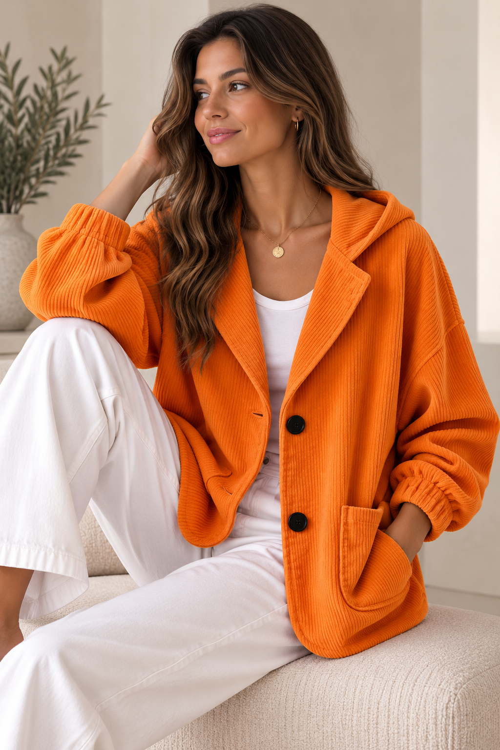 Women's Oversized Corduroy-Effect Hooded Jacket – Button Front