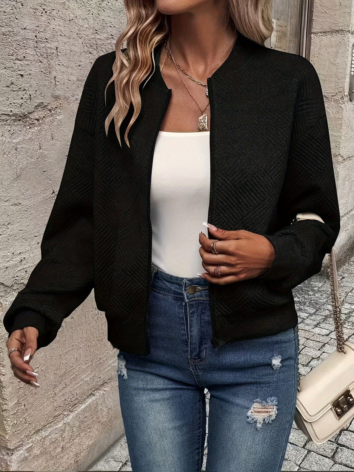 Aurélie | Women's Textured Zip Jacket – Lightweight Quilted Bomber