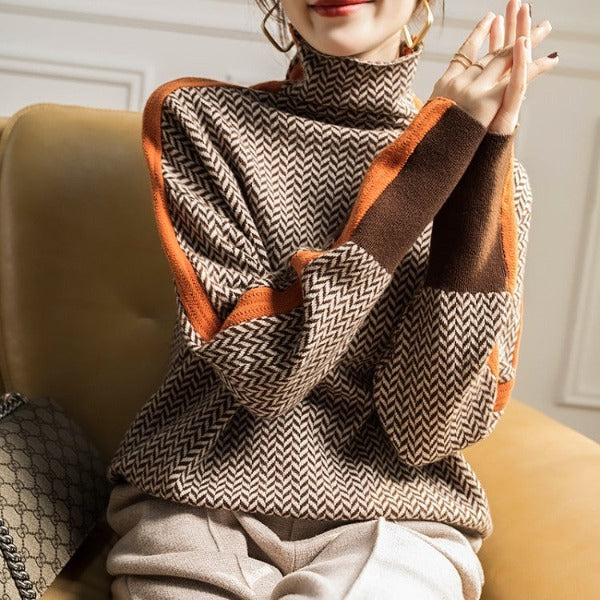 Eleanor | Women's Herringbone Turtleneck Sweater – Color Block Knit
