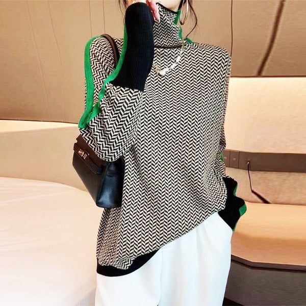 Eleanor | Women's Herringbone Turtleneck Sweater – Color Block Knit