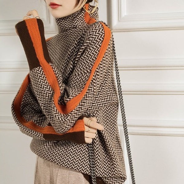 Eleanor | Women's Herringbone Turtleneck Sweater – Color Block Knit