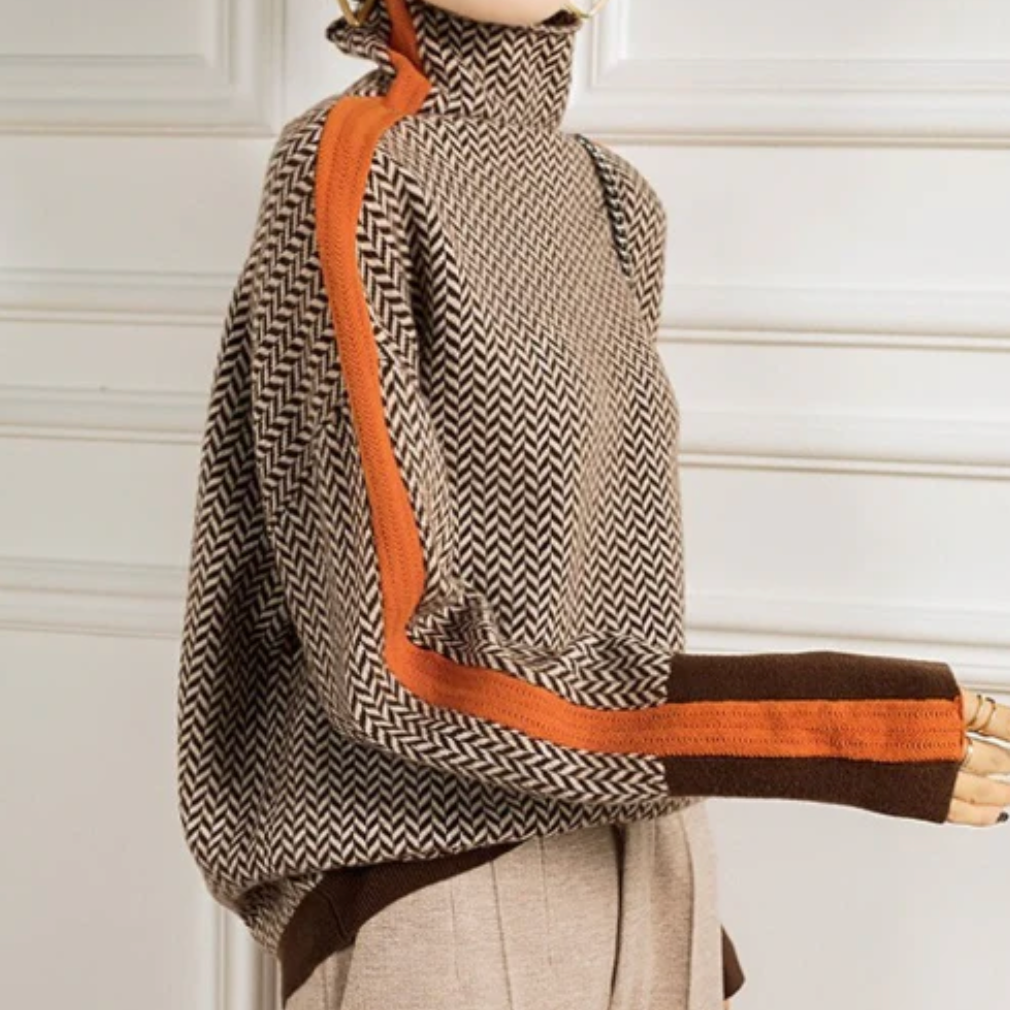 Eleanor | Women's Herringbone Turtleneck Sweater – Color Block Knit