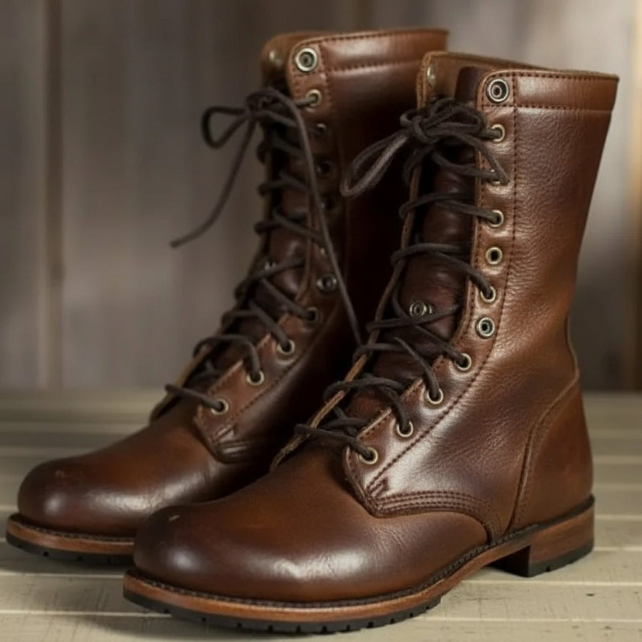 Abby | Women's Lace-Up Mid-Calf Combat Boots – Metal Eyelets, Lug Sole, Block Heel