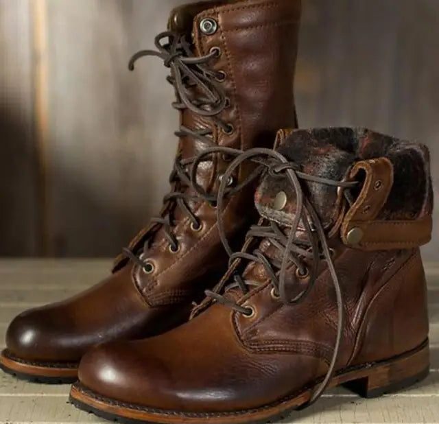 Abby | Women's Lace-Up Mid-Calf Combat Boots – Metal Eyelets, Lug Sole, Block Heel