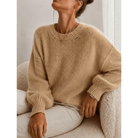 Allie | Women's Soft Relaxed Crewneck Sweater – Drop Shoulders, Balloon Sleeves – Camel