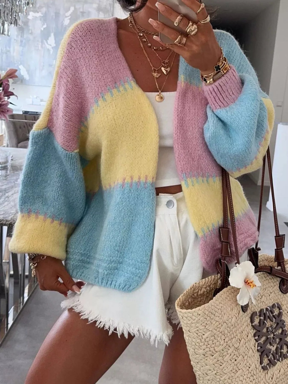Alma | Women's Color Block Open-Front Cardigan – Relaxed Knit Layer – Pink