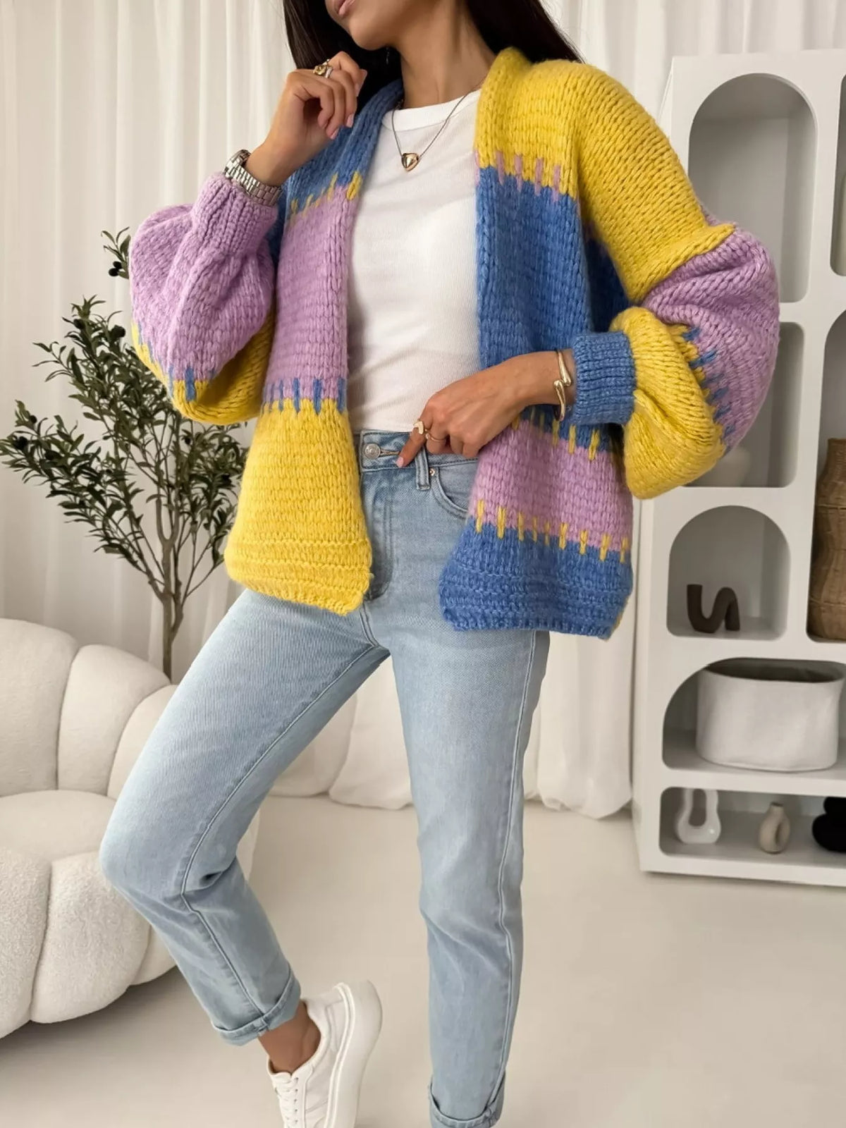 Alma | Women's Color Block Open-Front Cardigan – Relaxed Knit Layer