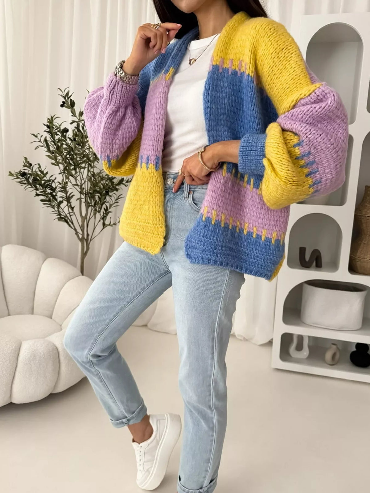 Alma | Women's Color Block Open-Front Cardigan – Relaxed Knit Layer